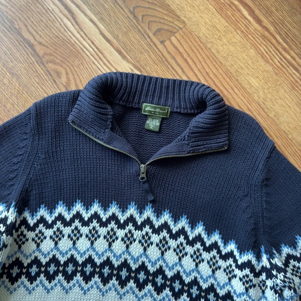 Eddie Bauer Quarter‎ Zip Sweater Mens XL Tall Navy White Fair Isle Vintage Y2K